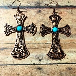 Western Patterned Cross Dangle Earrings